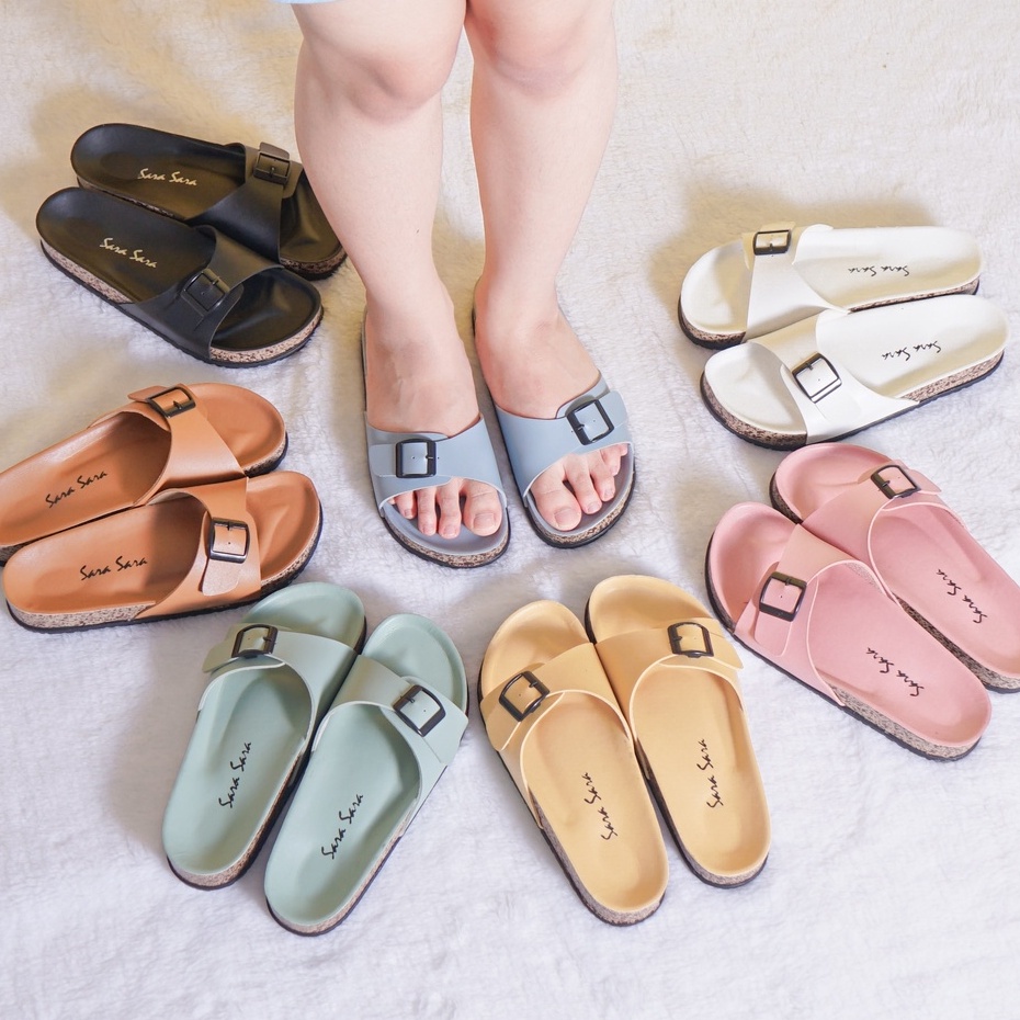 SARASARA YUK - Sandal Wanita Casual Model Slop Birken Sol Puyuh SARA SARA BILLY Sendal Cewek Sol Kulit Santai Singgle Strap Rumahan Gesper Empuk Ringan Size 36 37 38 39 40 Warna Blue Biru Soft Selop Anti Slip Original Terbaru Shoes ORI Mall Official Store