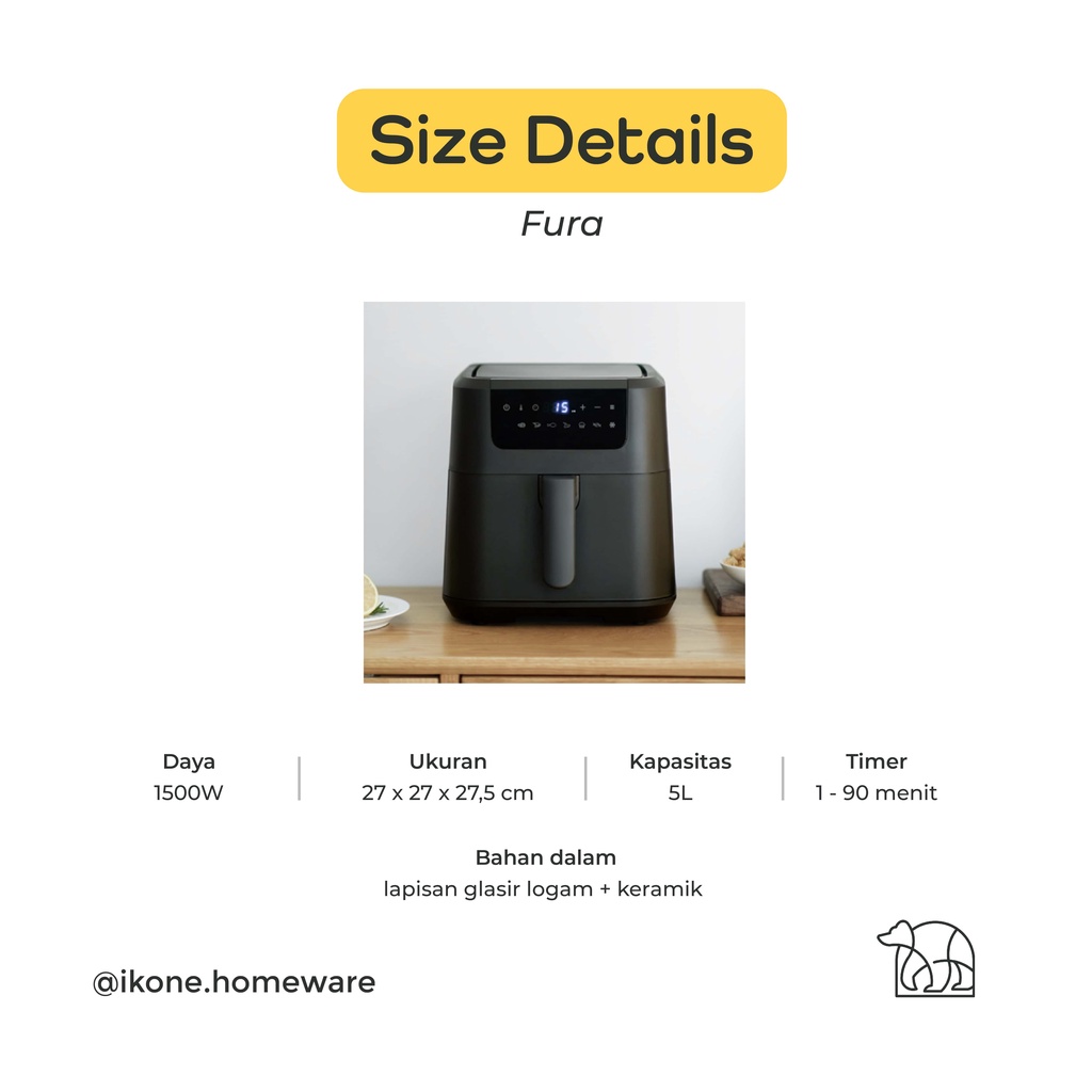 【IKONE】FURA OLAYKS Air Fryer 5L Low Power Low Watt Mesin Pengorengan Tanpa Minyak Anti Lengket Aesthetic Minimalist Modern Compact Digital Air Fryer Pelengkapan Dapur Alat Dapur Alat Masak Goreng Tanpa Minyak Perlengkapan Rumah Kitchen