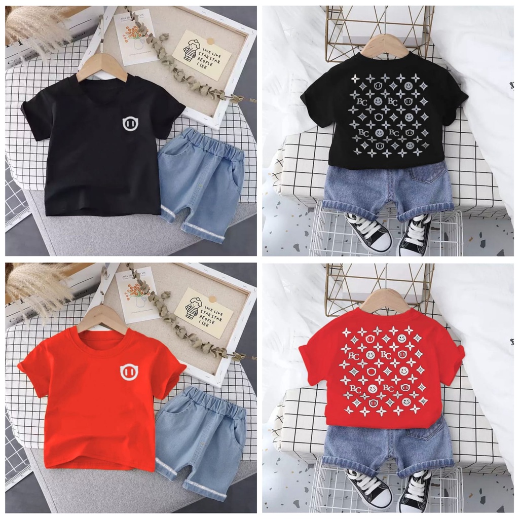 (BAYAR DITEMPAT) FASHION KAOS ANAK MOTIF BC DENIM / SETELAN BAJU ANAK 6-10BLN 1-5THN ANAK LAKI-LAKI DAN ANAK PEREMPUAN / TERBARU KEKINIAN TERLARIS SAAT INI / BAHAN COMBED CELANA DENIM LENGAN DAN CELAN PENDEK / MOTIF POLOS DIDEPAN DAN BANYAK DIBELAKANG NYA
