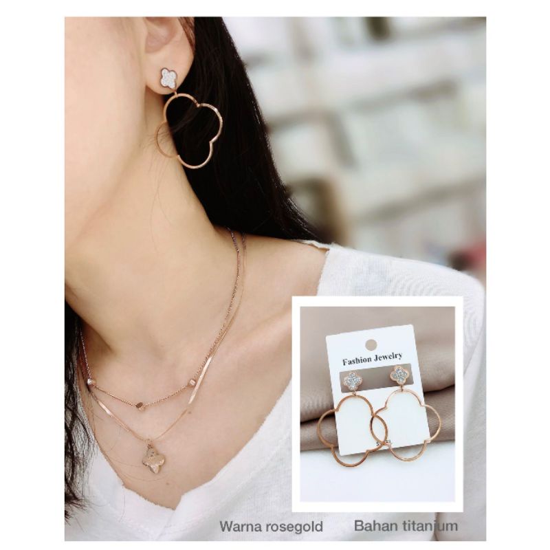 Kalung Anting Titanium Asli Rosegold Motif elv anti karat anti alergi Premium Quality Stainless Steel Tidak karatan antt 032