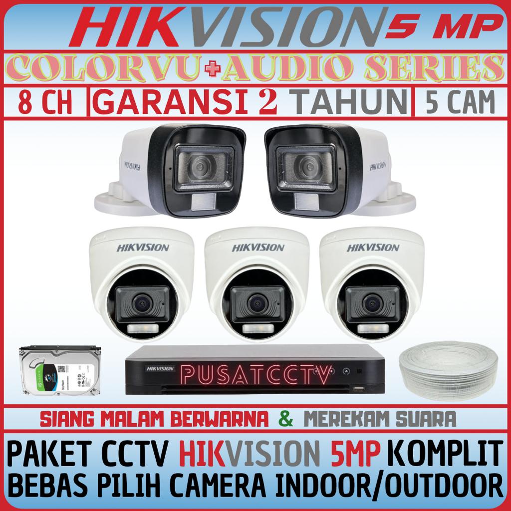 PAKET CCTV HIKVISION 5MP 8 CHANNEL 5 CAMERA TURBO HD KOMPLIT SIANG MALAM BERWARNA DAN REKAM SUARA