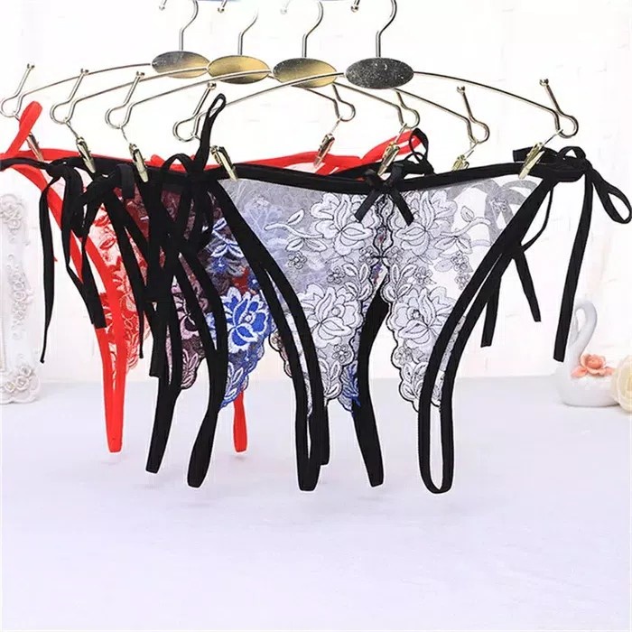 (COD) Pakaian Wanita G String Lace bordir Open Sexy pinggang Rendah Transparan Thong c085-