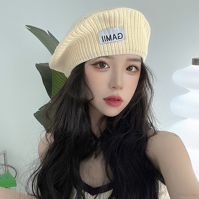 Topi Baret Bahan Wol Hangat Motif Tulisan Untuk Musim Gugur / Dingin