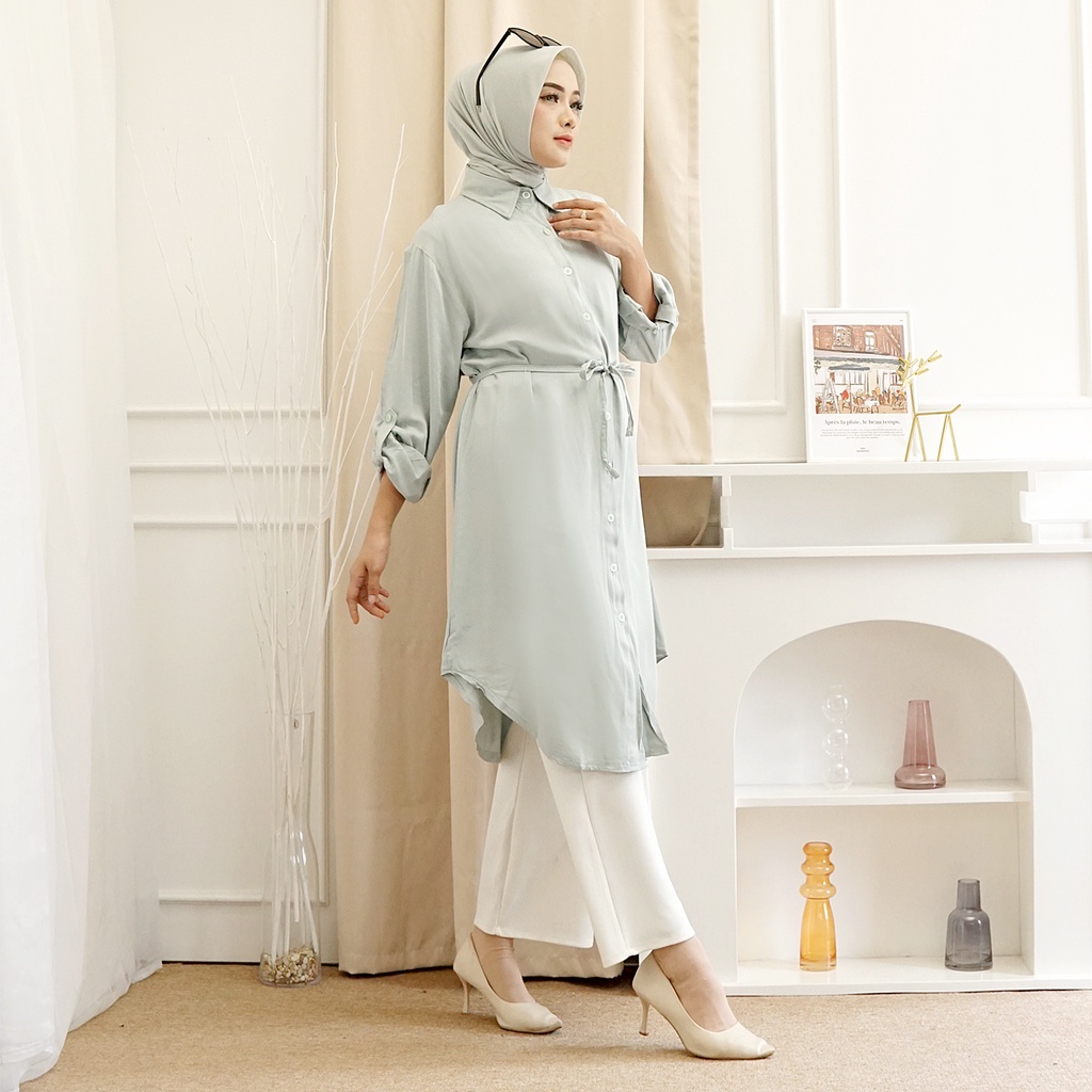 Baju Kemeja Long Tunik Muslim Putih Polos Lengan Panjang Wanita Bahan Import Rayon Premium