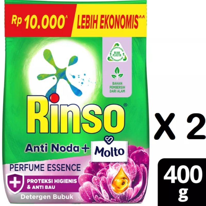 Rinso Anti Noda + Molto Bubuk Perfume - Rose Fresh 380 Gr X 2 ( Paket Twin )