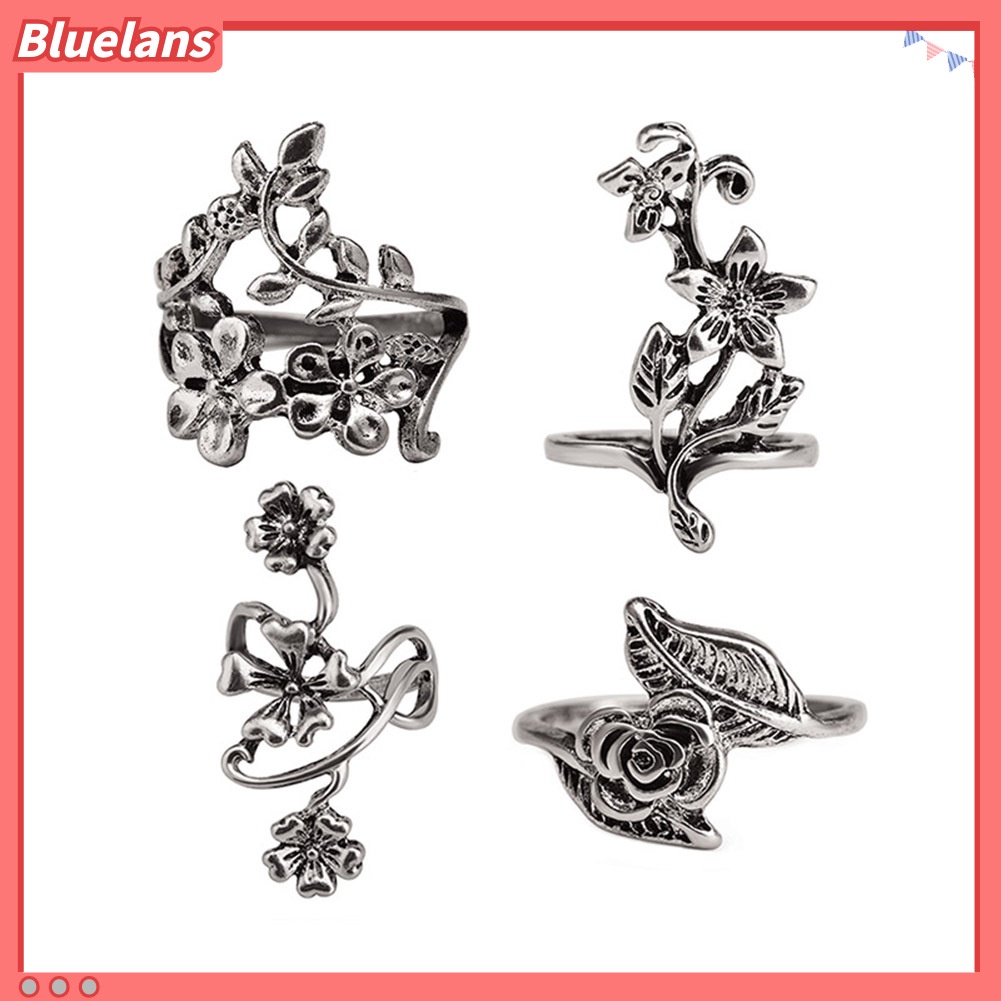 Bluelans 4Pcs Women Vintage Stereo Flower Leaves Midi Finger Knuckle Rings Set Jewelry