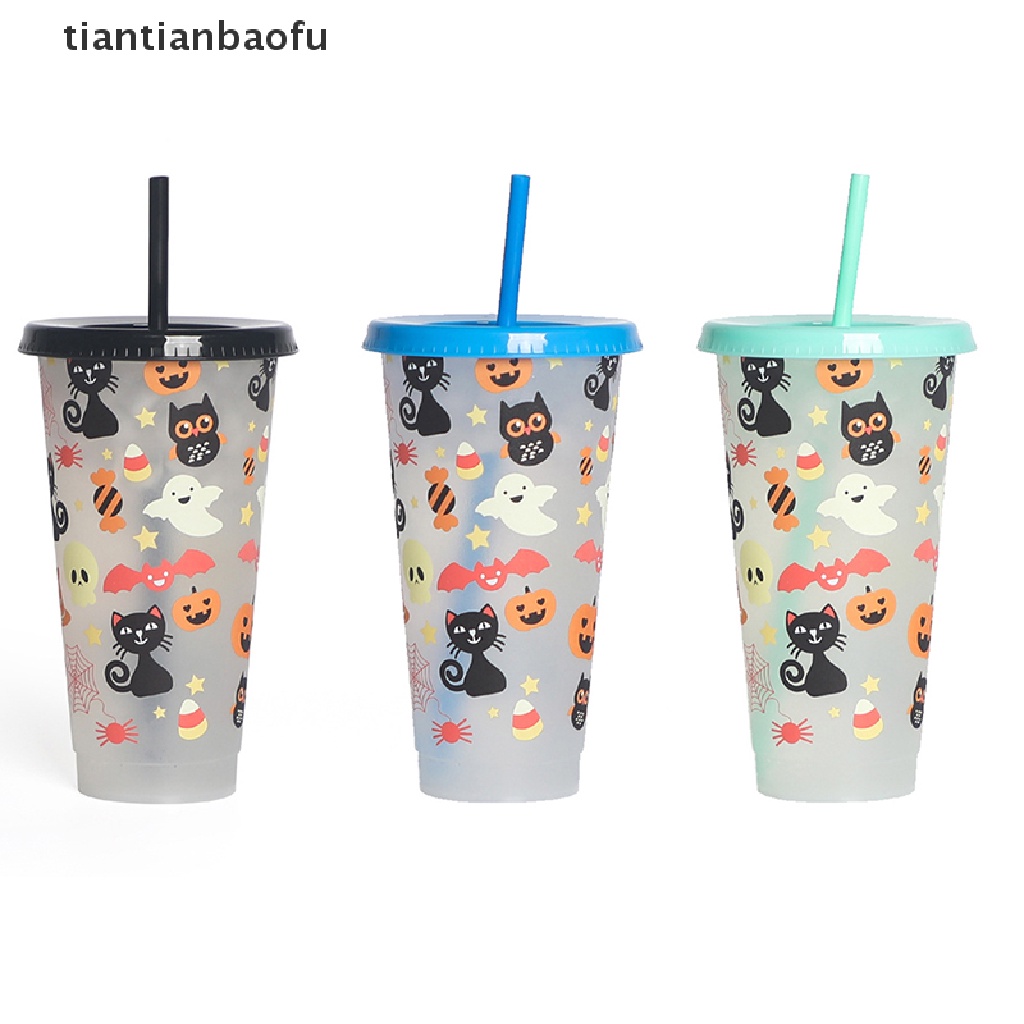 710ml Botol Air Minum / Jus / Kopi Bahan Plastik Ukuran Dengan Tutup + Sedotan Untuk Halloween