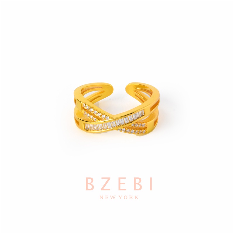 Bzebi Cincin Lapis Emas 18k Model Terbuka Adjustable Hias Berlian Gaya Korea Untuk Wanita 109r2