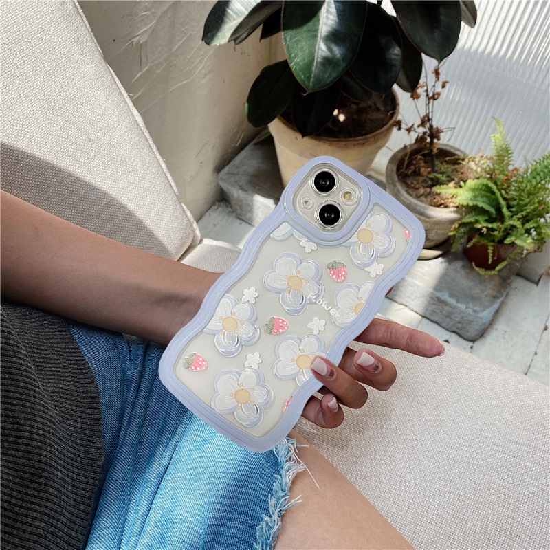 Case Vivo Y36 Y22 Y22S V20 V25E V25 V21 V23E Y75 Y55 T1 Y21 Y17 Y20i Y12s Y11 Y15 Y33S Y12 Y20 Y21T Y12i Wavy Edge Blue Strawberry Flowers Soft TPU Casing Penutup Belakang