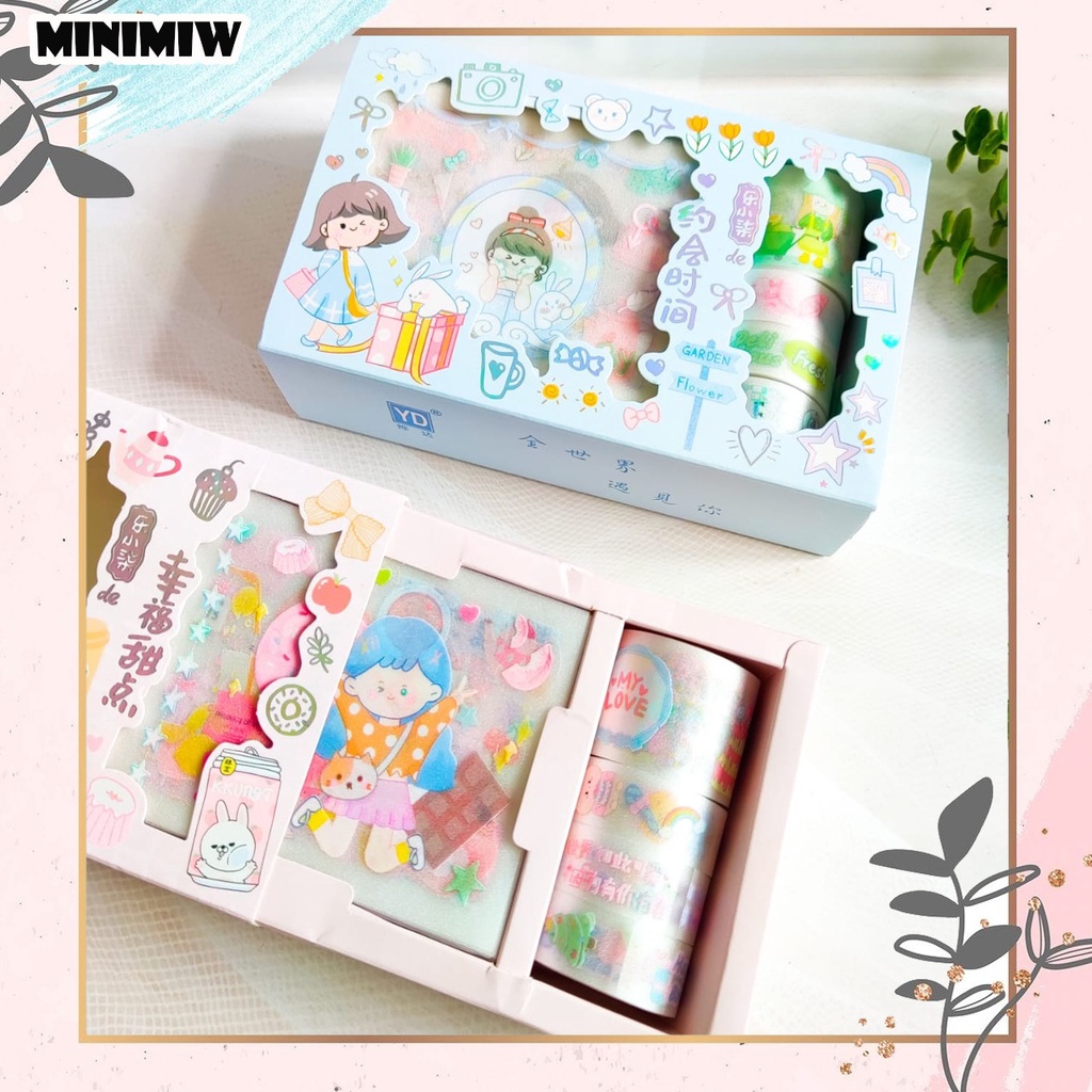 PAKET STICKER DAN WASHI TAPE KODE YD-16RTZ STIKER SOLATIP UNIK ALAT JURNALING LUCU IMUT KARAKTER GAMBAR