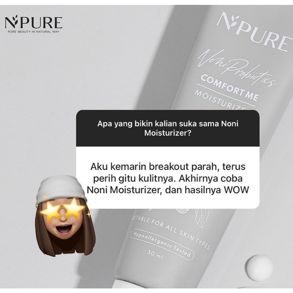 B23 N'PURE noni probiotics comfort me moisturizer npure pelembab wajah serum bpom murah muka essence kecantikan termurah chamomile melembabkan bekas jerawat menyamarkan noda hitam anti aging kerutan garis halus