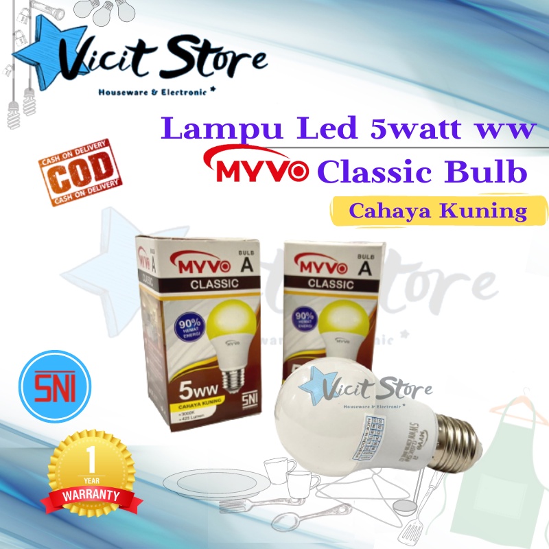 Lampu Led 5watt Warm White Myvo Classic Bulb Cahaya Kuning Bergaransi