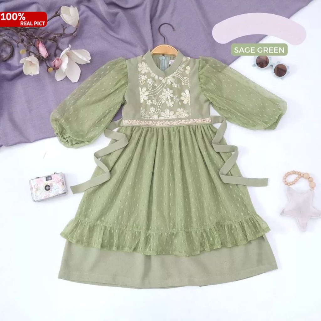 Gamis Anak Perempuan Brukat Trend Terbaru 2022 Sage Green Lilac Hijau Sage Syari St Revalina Kid Gau