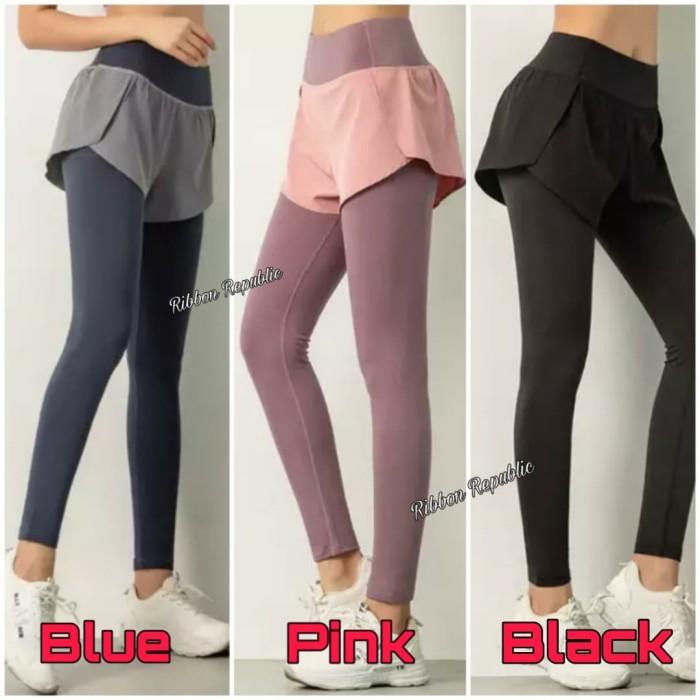 Legging Celana Sport Double 2In1 Wanita Legging Panjang Shorts Pendek Olahraga