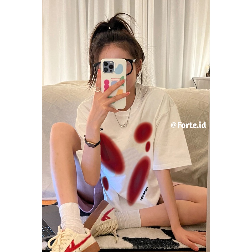 [100%  Katun]Red Round Kaos Putih Atasan Wanita Lengan Pendek Oversize Printed T-shirt Baju Wanita Kekinian Korean Style