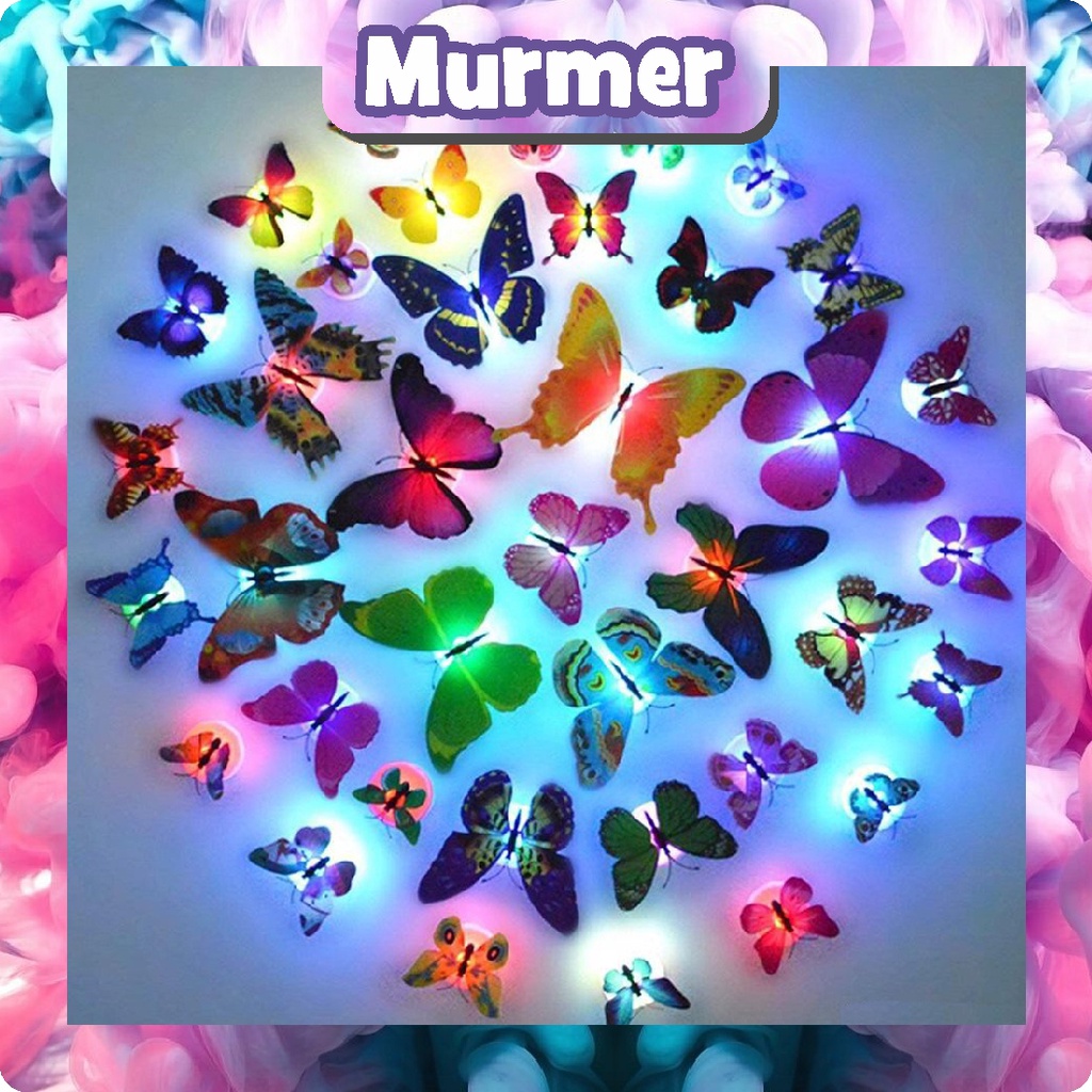 MurmerOfficial Stiker Kupu Kupu Led Dekorasi Lampu 7 Warna Sticker Butterfly Led Light Dekorasi Kamar Tidur Murah Import E003