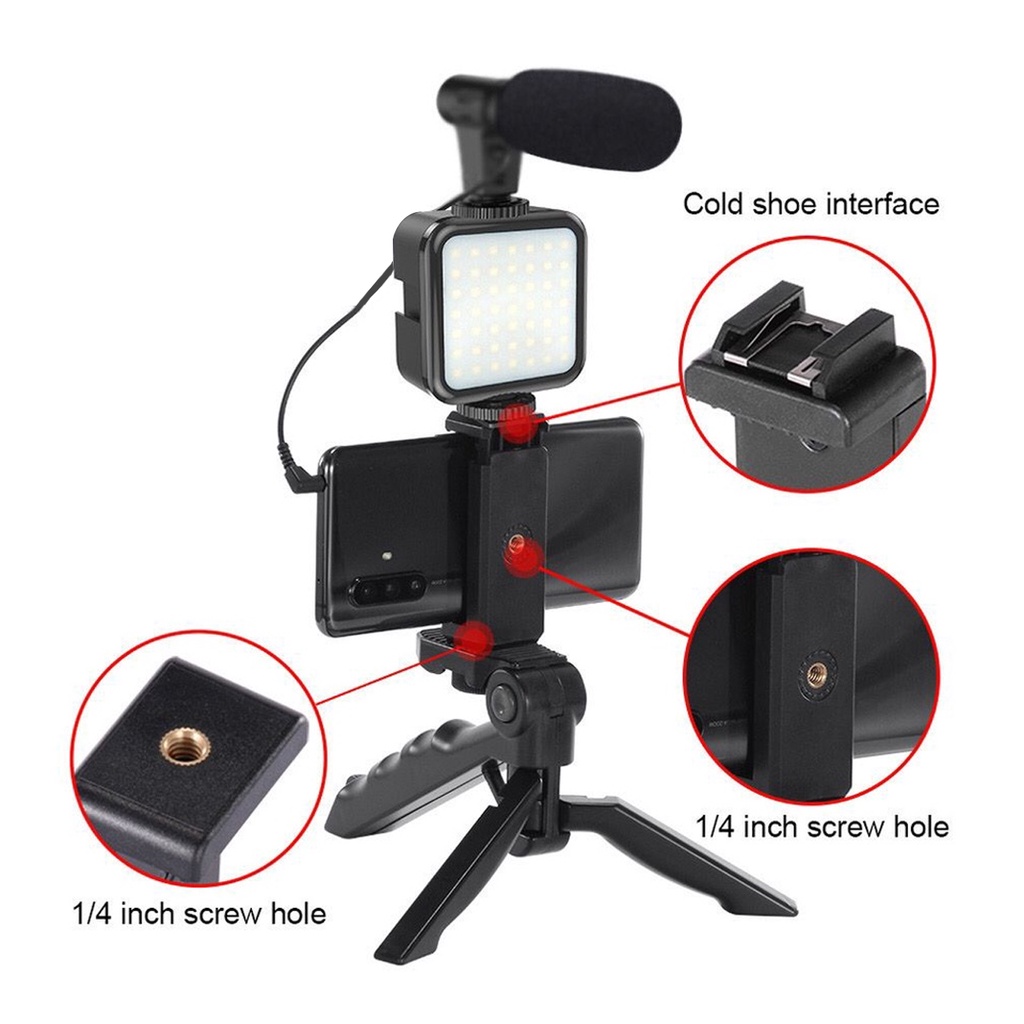 Vlogging Kit Paket Vlog 5 in 1 Led Video Light Phone Holder Tripod Microphone Remote Shutter AY-49
