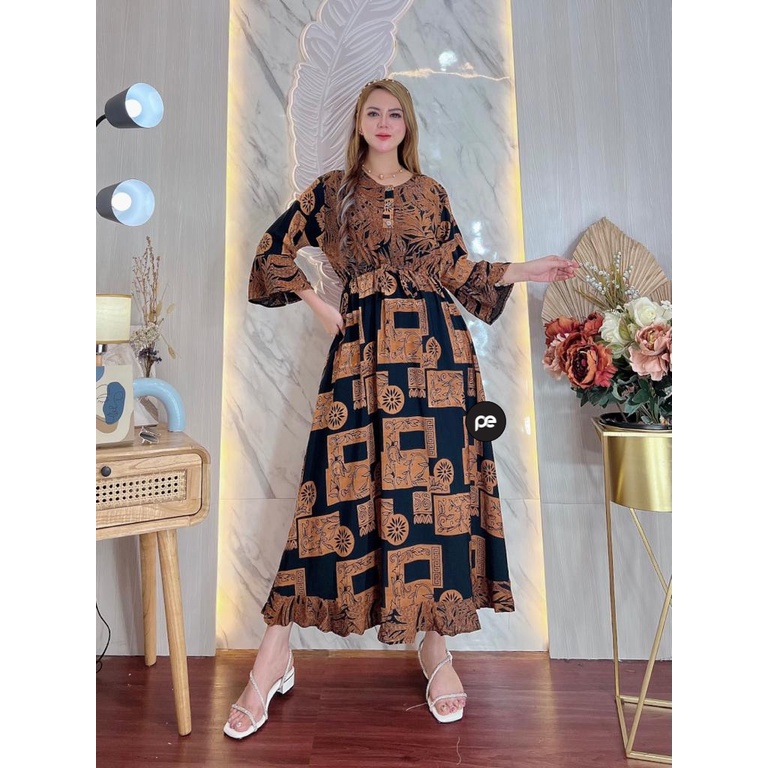 Long Dress Maura Daster Panjang Maura Kancing Depan Batik Lengan 3/4 Bahan Rayon Ori Tebal Adem Bagus Murah