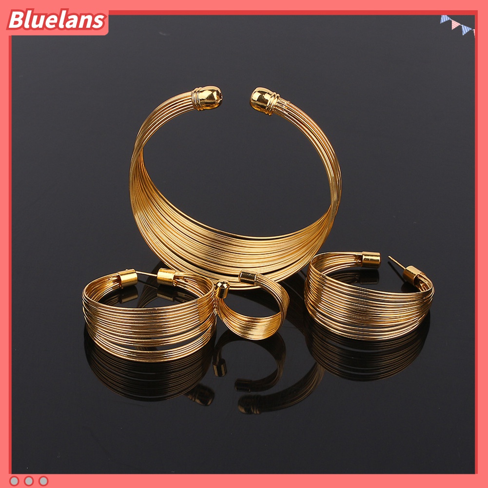 Bluelans 4 Pcs / Set Perhiasan Kalung Anting Gelang Cincin Bentuk Lingkaran Gaya Nigeria Untuk Pengantin