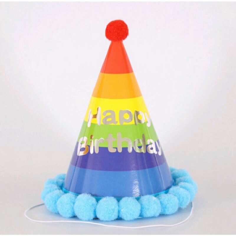 TOPI KERUCUT ULANG TAHUN POMPOM ANAK / TOPI KERUCUT KERTAS / TOPI KERUCUT POMPOM / TOPI PESTA ULANG 