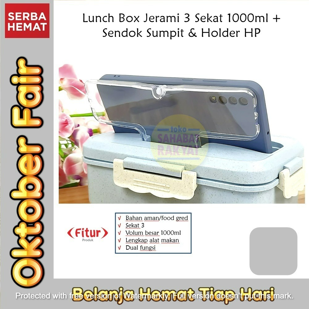 RML880J Lunch Box Jerami Sekat 3 1000ml Sendok Sumpit Holder HP