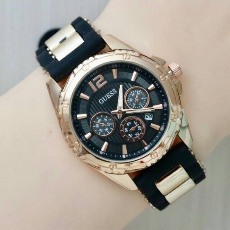 (Grosir)Jam Tangan Wanita Fashion Guess Crono Variasi Tanggal Aktif  Strap Rubber/Karet(Terima Cod)