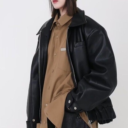 Jaket Kulit Hitam Oversized Wanita 2022 Musim Gugur Musim Dingin Panjang Moto Biker Pria Kulit Imita