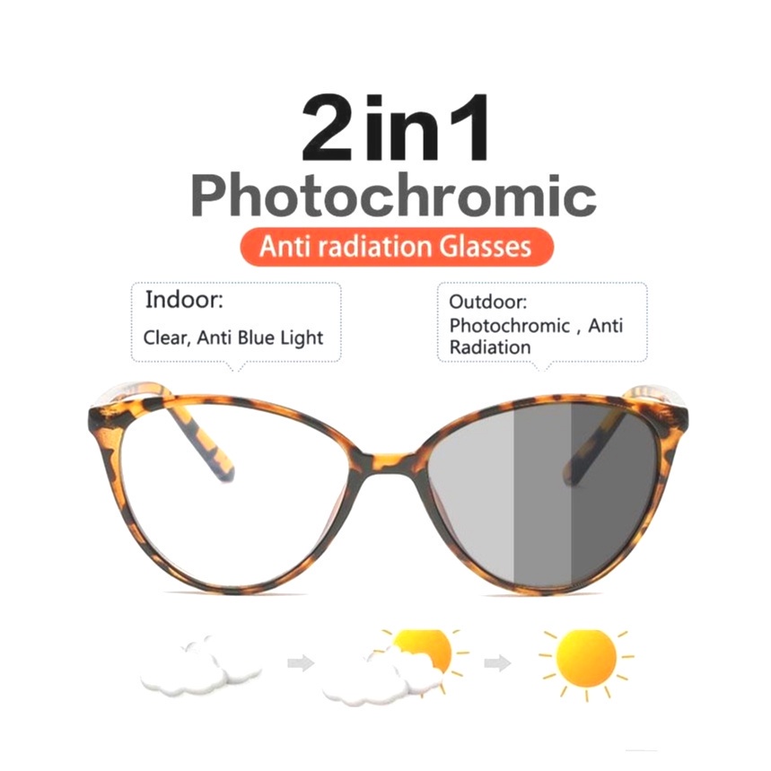 TOSERBA Kacamata Korea Wanita Kacamata Anti Radiasi PHOTOCROMIC pria Wanita Fashion Cat Eye retro flat Eyeglasses-PC02-LEOPARD