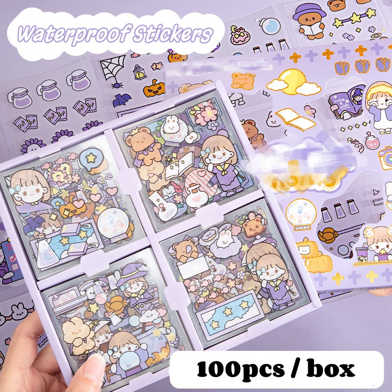 100 Pcs / Set Stiker Motif Kartun Bahan PET Tahan Air Untuk Alat Tulis