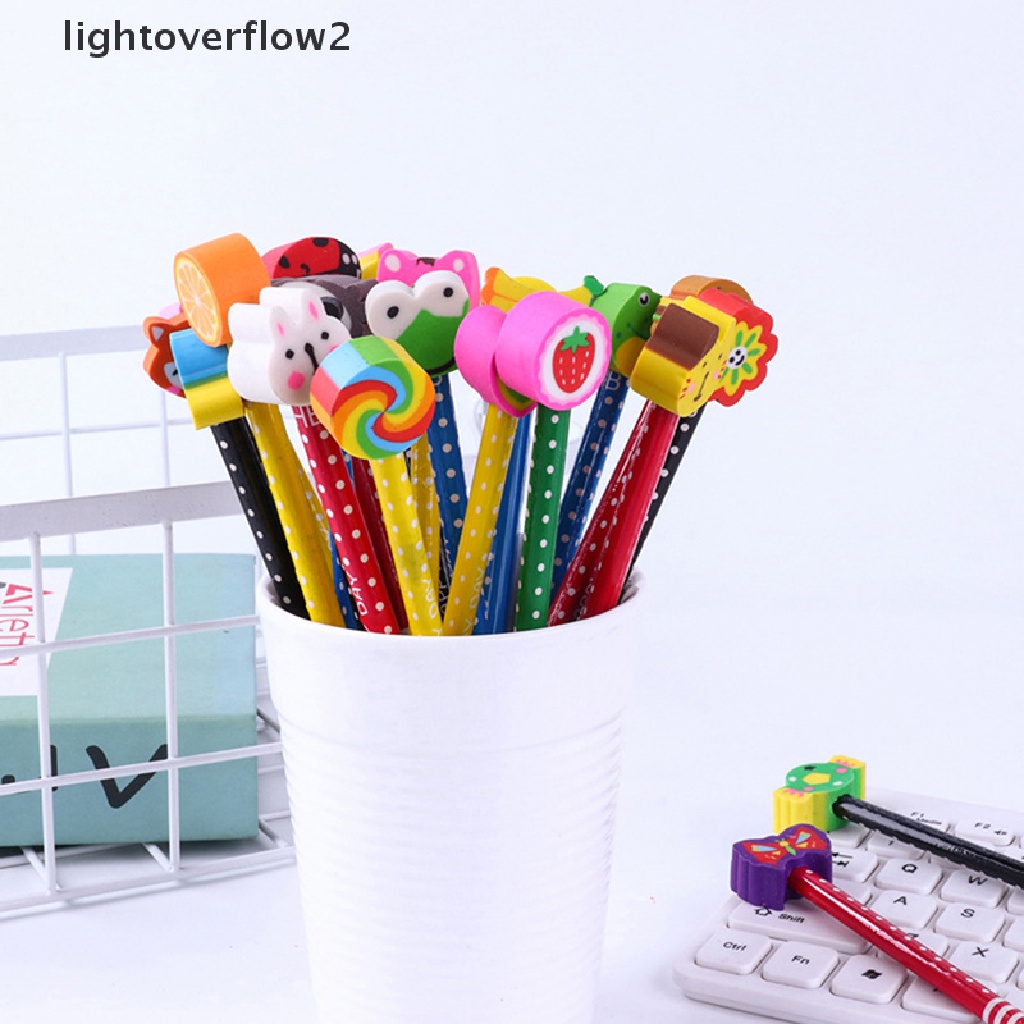 (lightoverflow2) 10pcs / lot Pensil 2 in 1 Motif Kartun Hewan Lucu Dengan Penghapus Untuk Anak