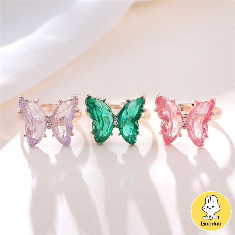 Fashion Cincin Kupu-kupu Terbuka Yang Dapat Disesuaikan Cincin Jari Transparan Berwarna-warni Untuk Hadiah Perhiasan Wanita -Doo