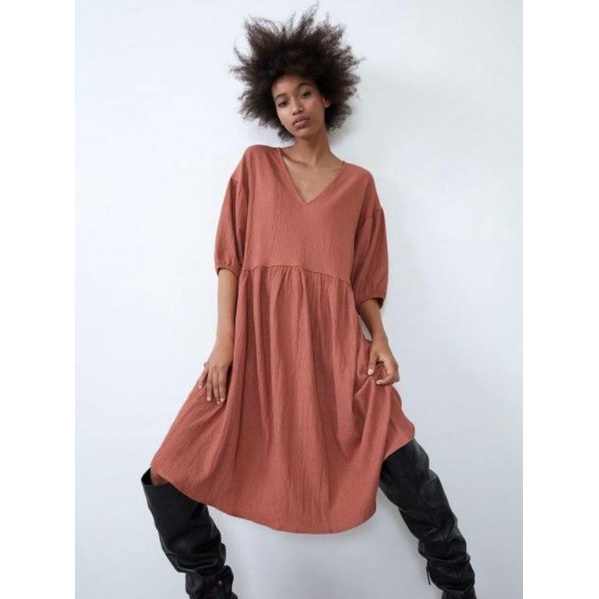 Zara Original Casual Fit Terracotta Midi Dress with Puff Sleeves 