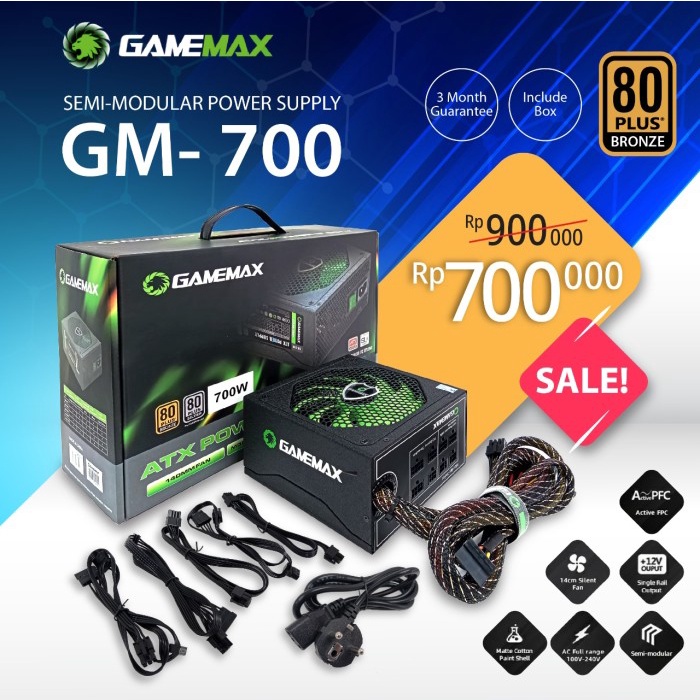 GAMEMAX Semi Modular Power Supply 700W With Modular Cable PSU 700 WATT