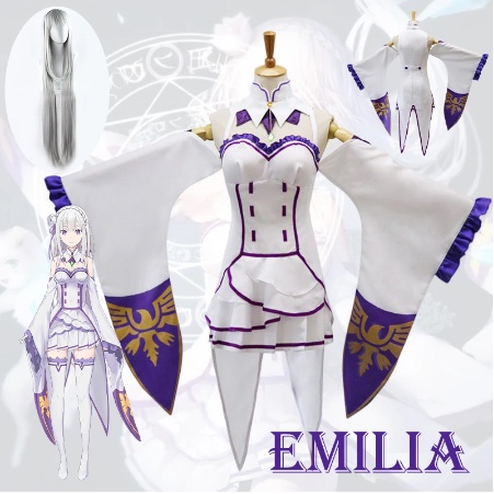 Re Zero Kara Hajimeru Isekai Seikatsu Emilia Cosplay Costumes Women Halloween Party Headdress Dress