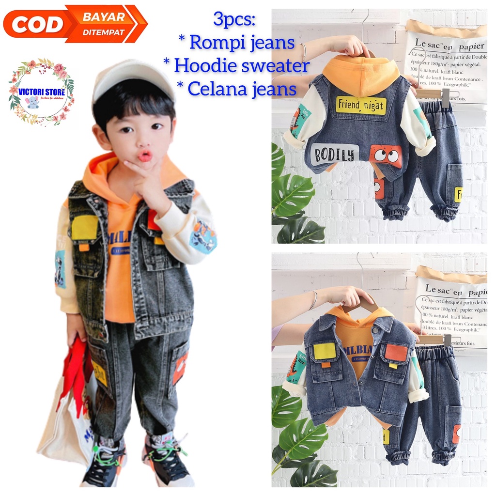 Setelan Anak Laki Laki Import 3pcs Pakaian Set Anak Rompi Jeans Hoodie Sweater Celana Jeans Import