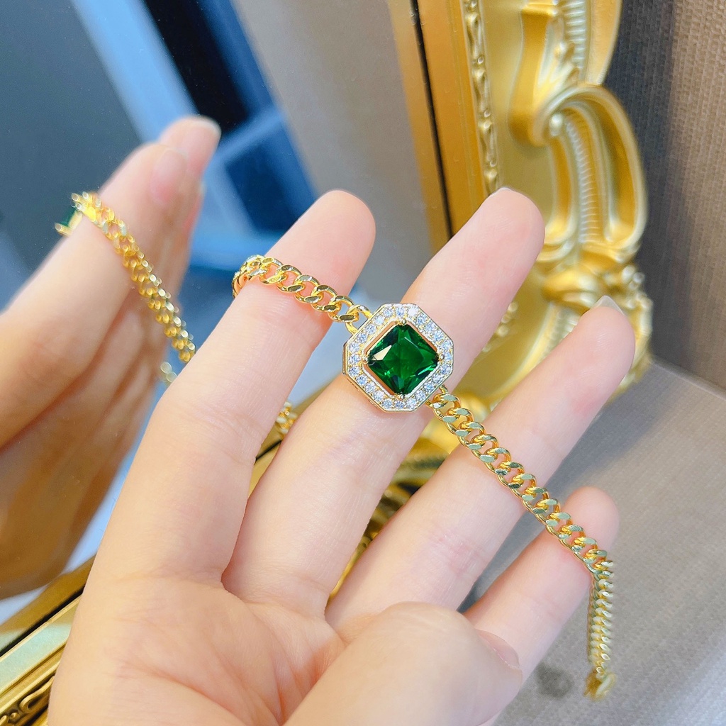 Goldkingdom Perhiasan Fashion Emas Asli Kadar 375 Bangkok Aksesoris Ready Stock Perhiasan Lapis Emas Emerald Square Diamond Chain Rantai Vintage Cuban Chain Bracelet