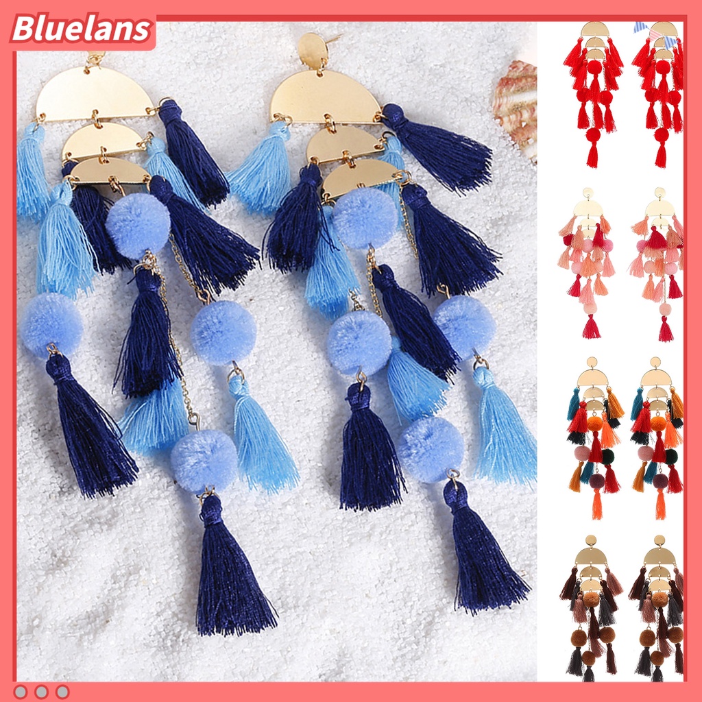 1 Pasang Anting Rumbai Multilayer Bentuk Setengah Lingkaran Tahan Jatuh Gaya Bohemian Untuk Wanita