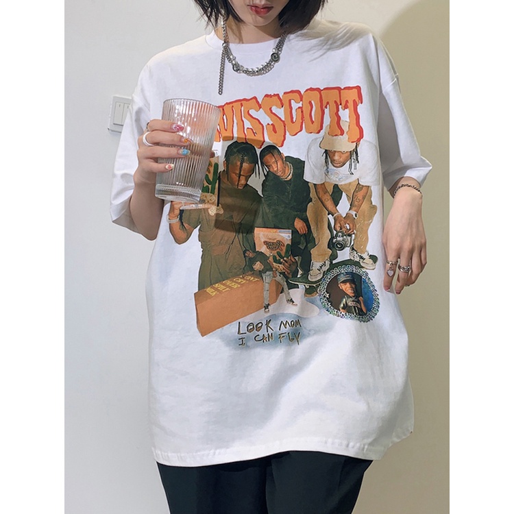 EUNII T-shirt Lengan Pendek Retro Angka Pencetakan Longgar Korean Style/Kaos Atasan Wanita/Baju Kaus Oversize Wanita