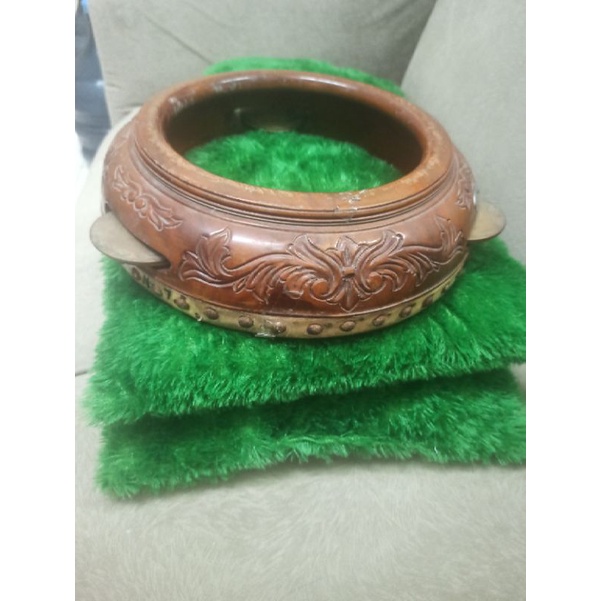 Rebana Jadul Jepara ukiran kayu Jati & kuningan 30cm minus Kulit erosi