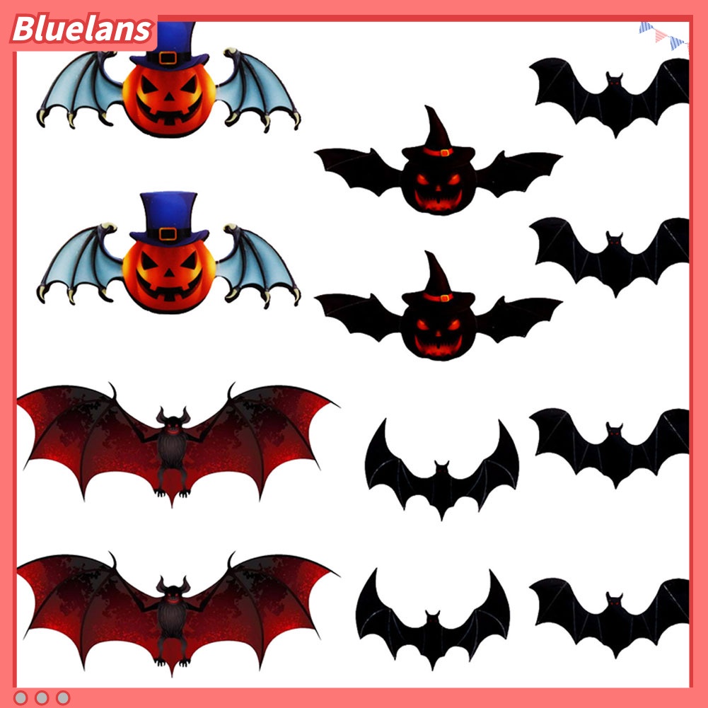 12pcs Stiker Dinding Decal Desain Pumpkin Bat 3D Dapat Dicopot Untuk Dekorasi Pesta Halloween
