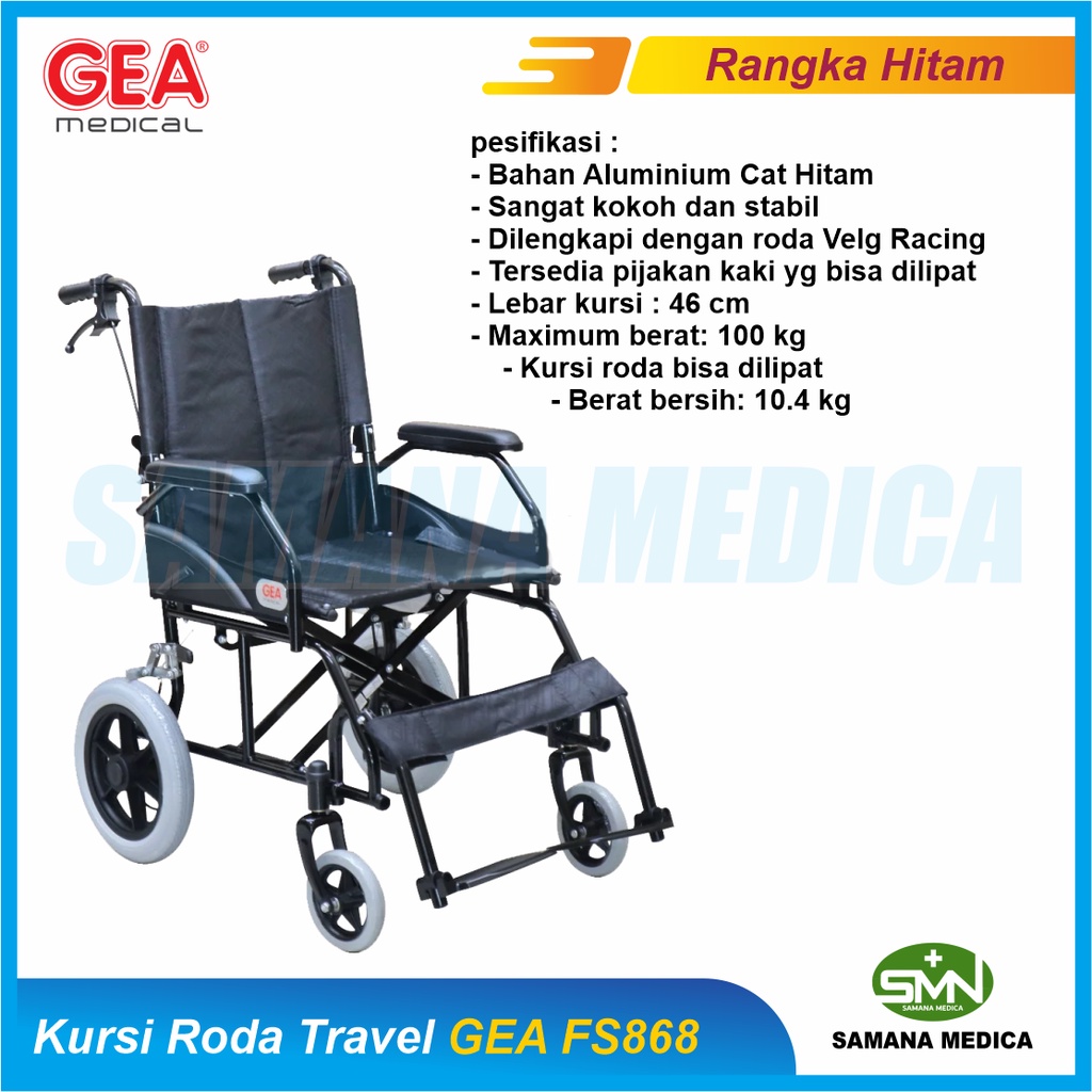 Kursi roda Travelling FS868 GEA Rangka HITAM Roda Kecil Cocok Buat Jalan Jalan Promo Murah