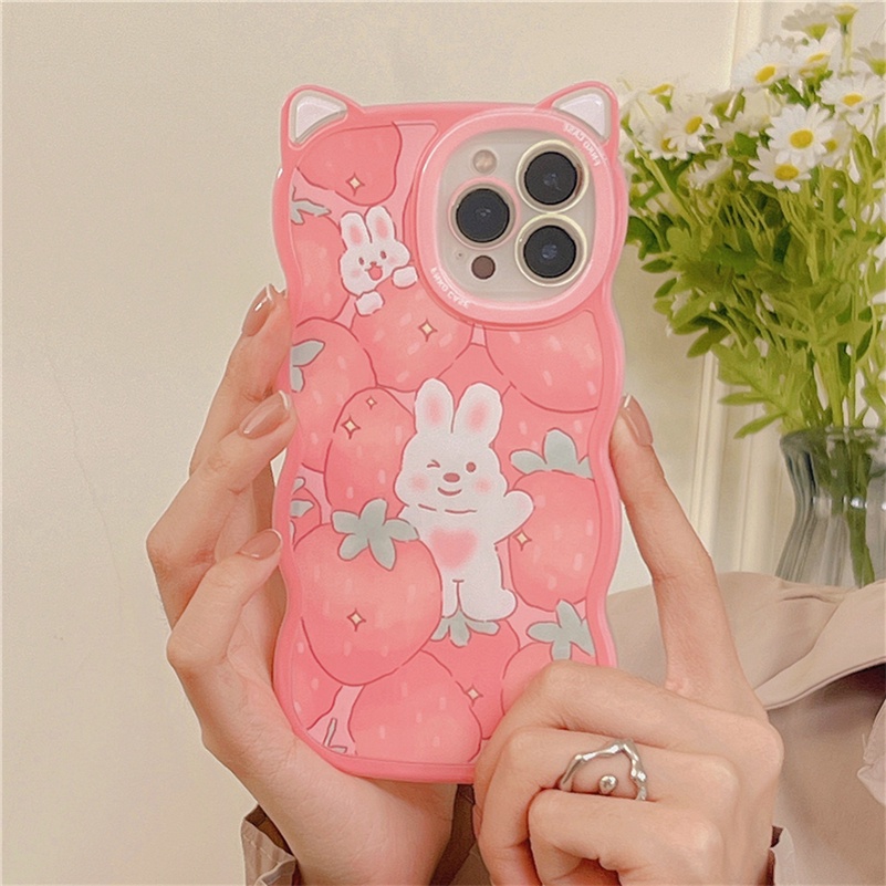 Soft Case Silikon Motif Strawberry Kelinci Untuk Iphone 14 13 12 11 Pro Max X Xr Xs Max 8 7 6 6s Plus SE 2020