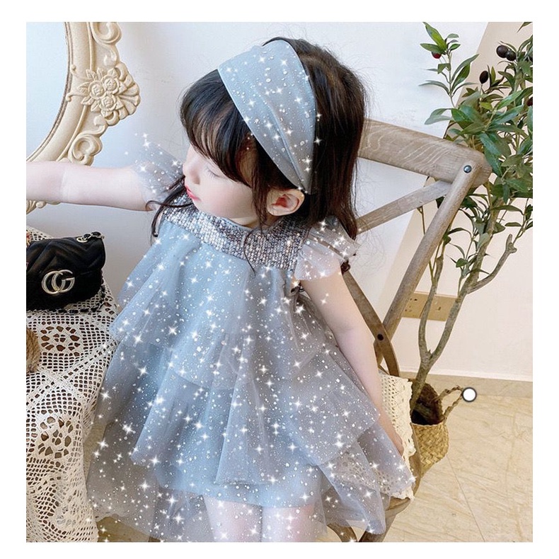 Dress Pesta Anak Perempuan Warna Grey Motif Layer Glitter