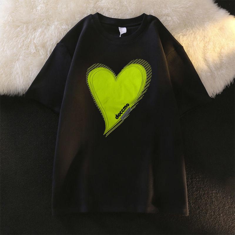 [littlecrab] Kaos Oversize Doccmo Love Hijau Neon Jahit Love Polos T-shirt Couple Unisex Lembut Berkualitas Motif Hati Besar Green Unik Simple Korean Style