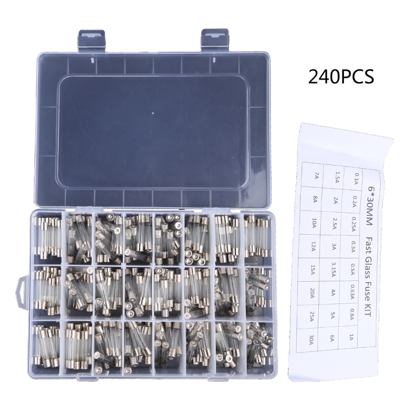 Btsg 240pcs/Set Sekring Kaca 6x30mm 0.1A 1A 2A 3A 4A 5A 6A 8A 10A 15A 20A 25A 30A Fuse Aneka Kit Asuransi 250V Tabung