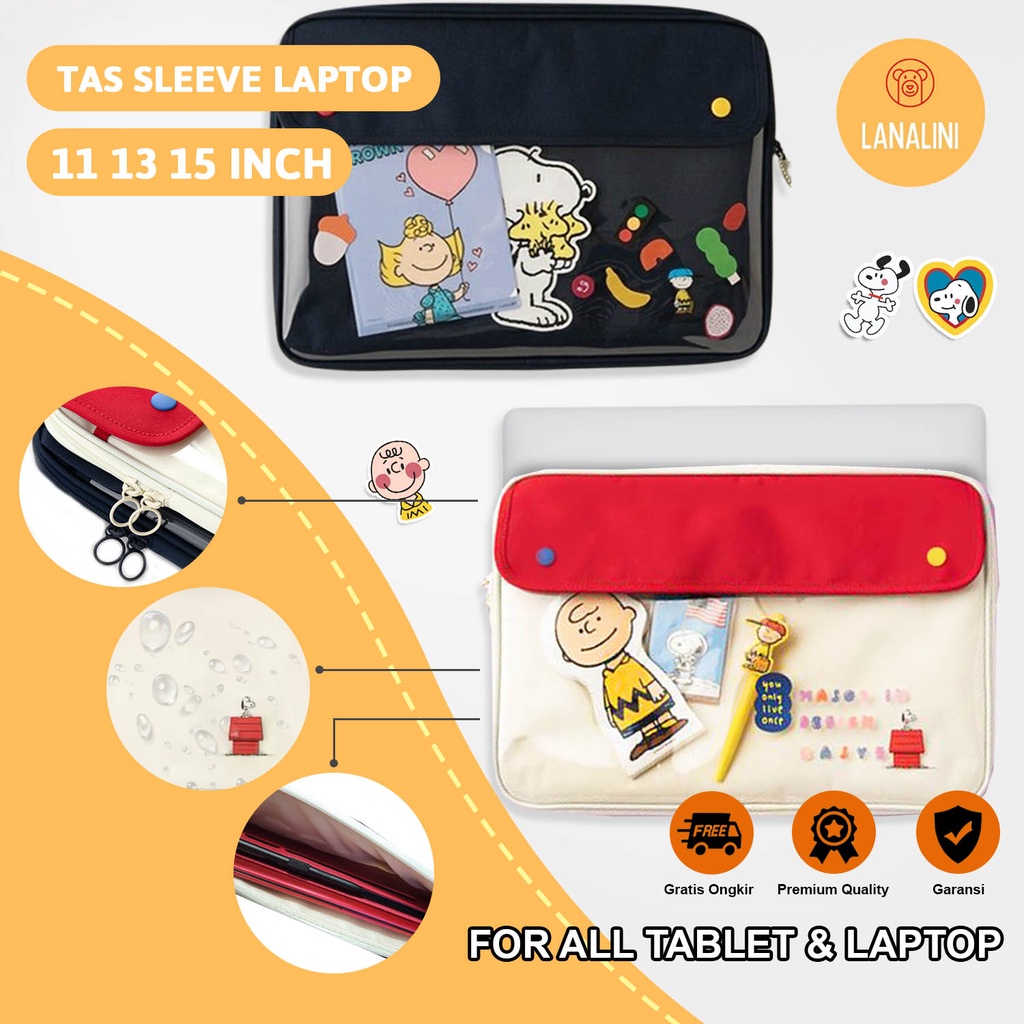 Sleeve Pouch Sarung Tas Bag Case Ipad Tab Tablet Macbook Air Pro Laptop Asus Acer Lenovo HP Huawei 11 12 13 14 15 inch Motif Kartun Snoopy Warna Navy Biru Putih White Cute Murah Korean Model Waterproof Tahan Air Slot Stationary