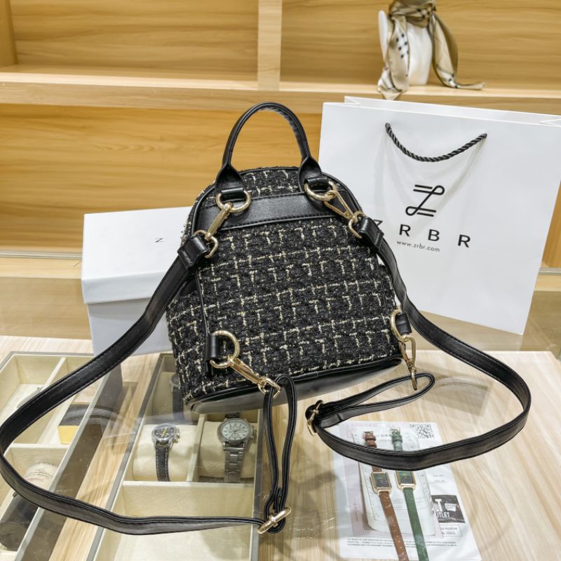 ZRBR - Tas Ransel Wanita Import Backpack Mini Cewek Stylish Korea - Tweed Trapez Backpack #9037-5