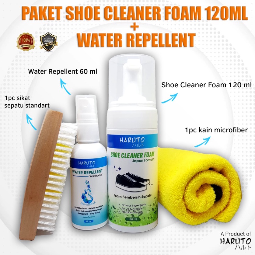 Paket perawatan sepatu Haruto shoe cleaner foam 120ml+water repellent+sikat sepatu+kain microfiber uk 30x30