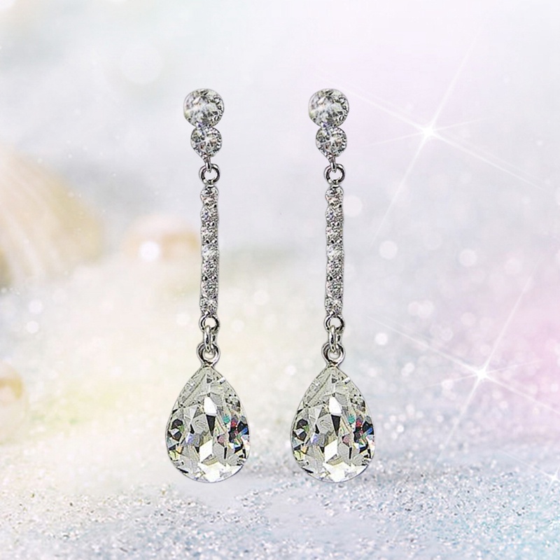 Anting Juntai Bentuk Water Drop Cubic Zirconia Kristal Warna Silver Untuk Wanita