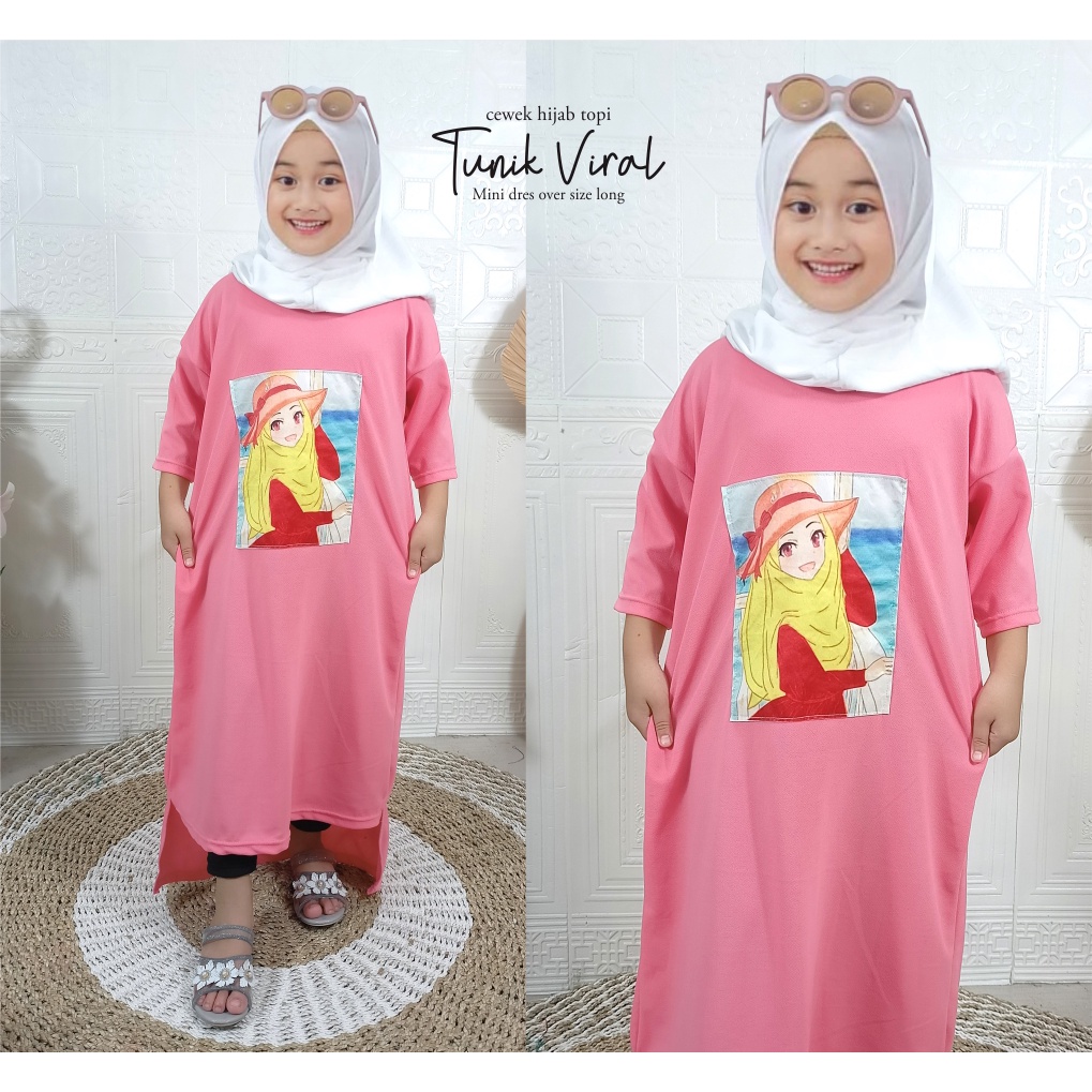 Gamis Anak Viral Mini Dress Over Size Long Tunik Cewek Hijab Topi CF Kids